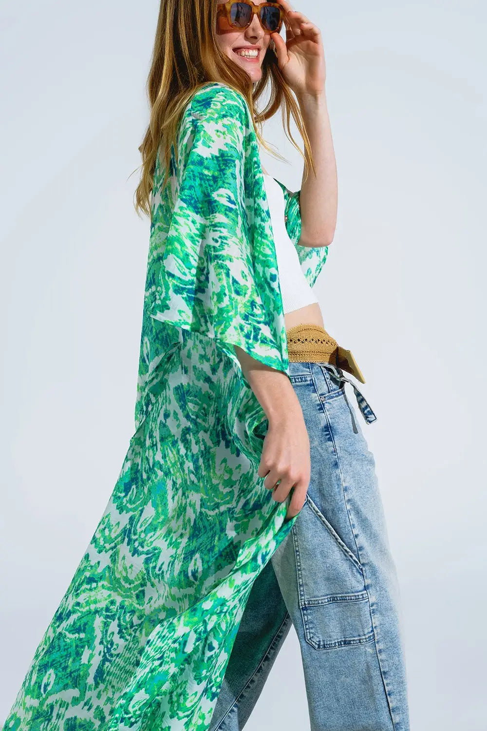 Green Long Kimono With Drawstring Closing in Tribal Print - One Size / Green - Dresses