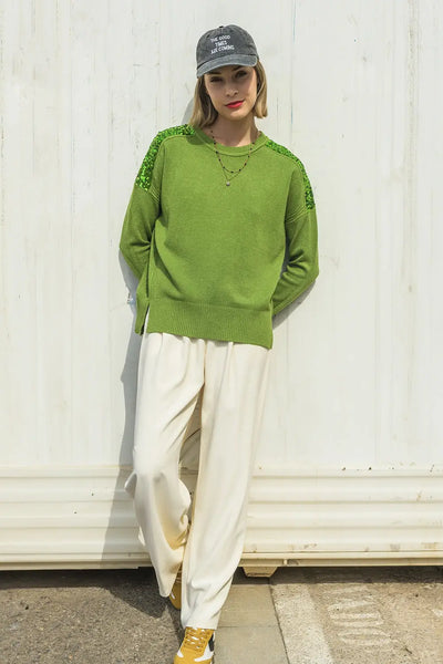 Green Long Sleeves Sweater With Sequins on The Shoulders - One Size / Green - Sweaters