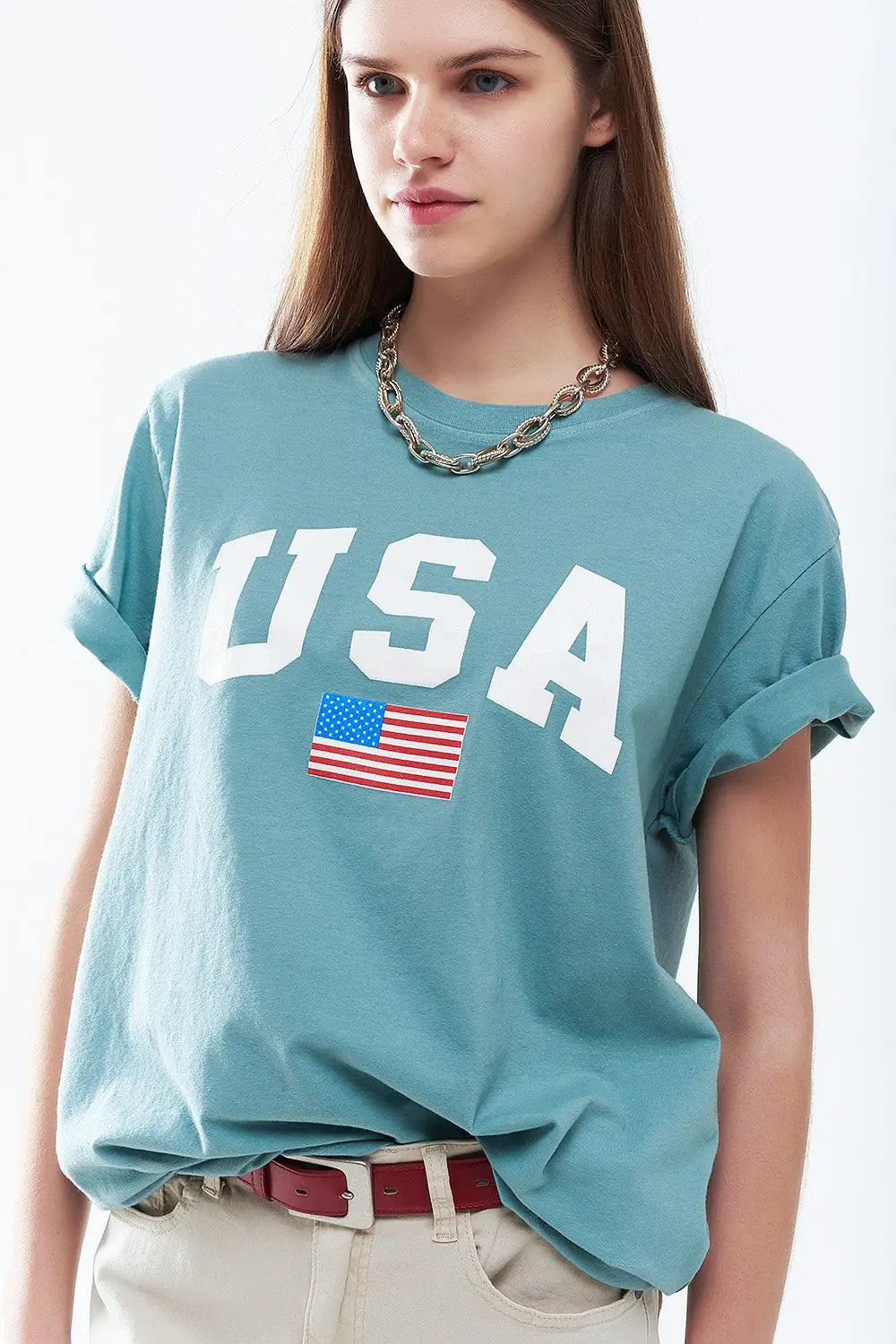 Green loose long t-shirt with USA logo - One Size / Green - Tops