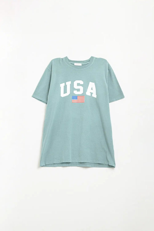 Green loose long t-shirt with USA logo - One Size / Green - Tops