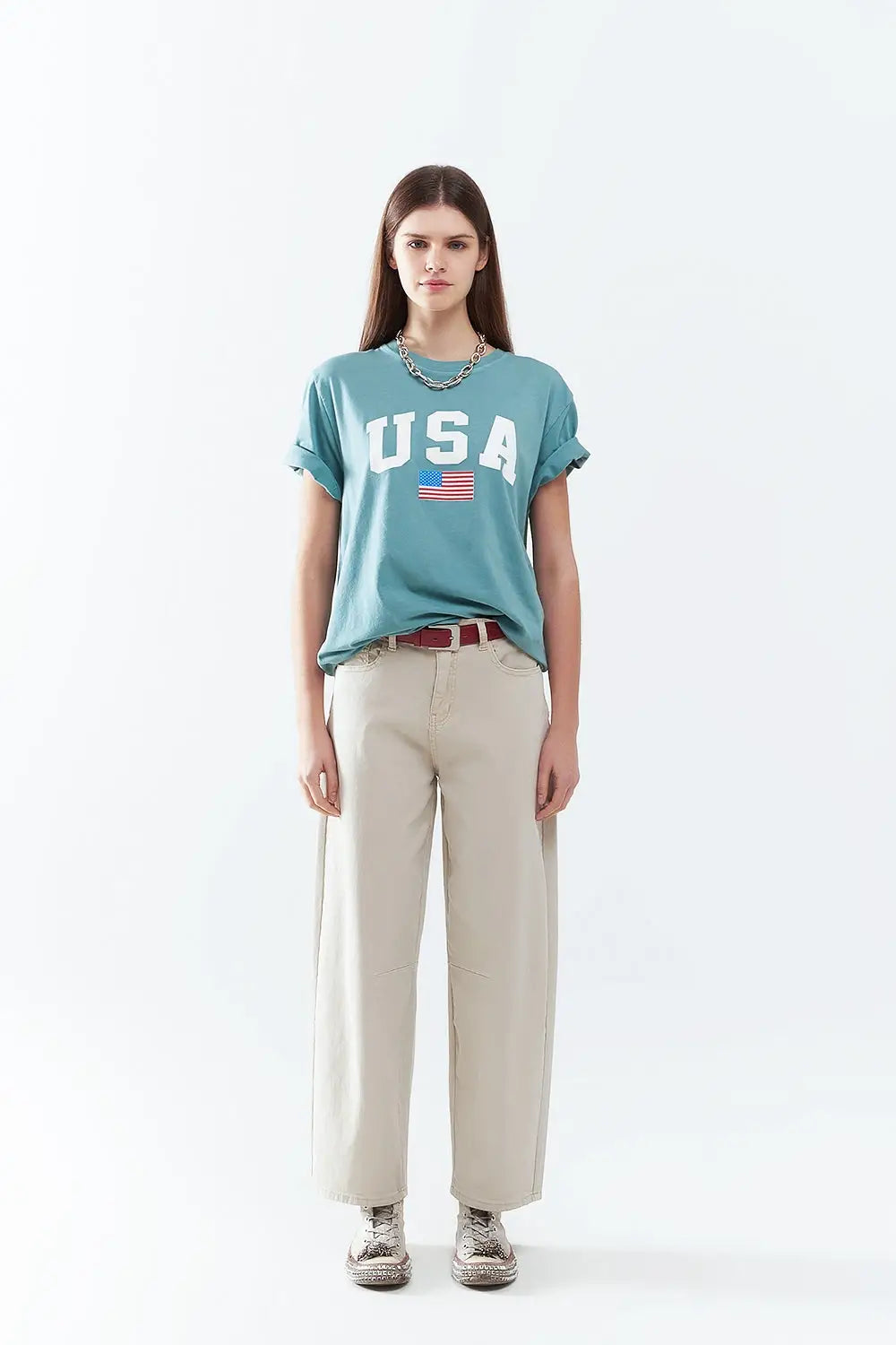 Green loose long t-shirt with USA logo - One Size / Green - Tops