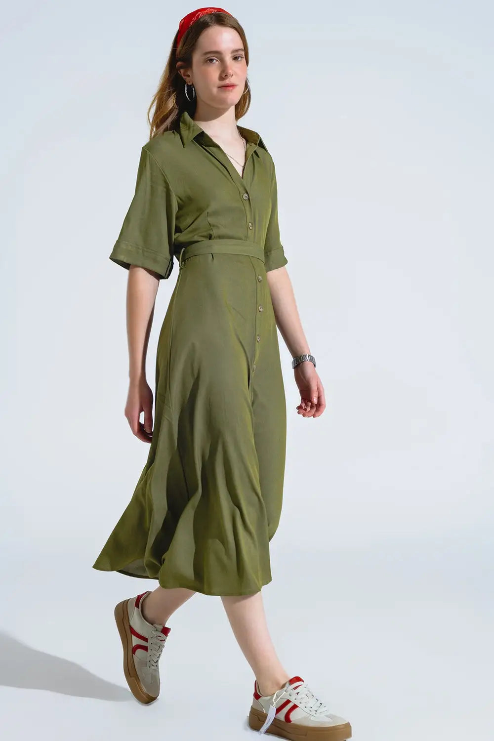 Green Maxi Shirt Dress With Polo Collar - Dresses