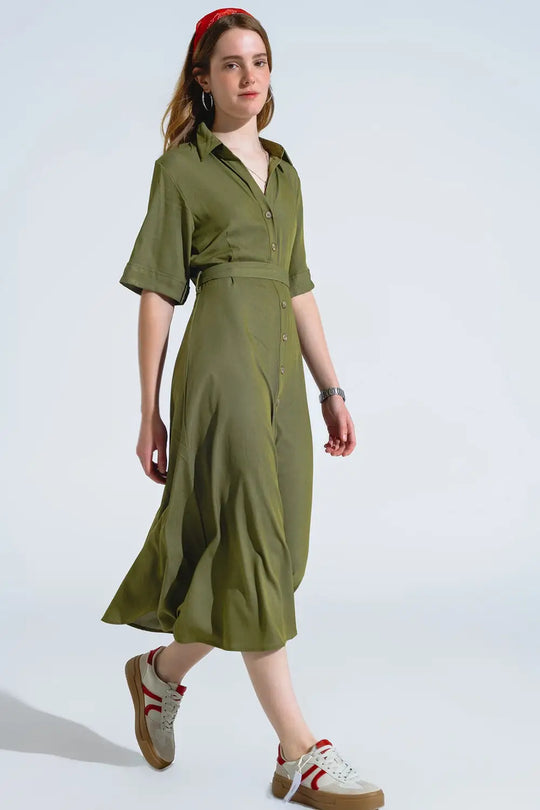 Green Maxi Shirt Dress With Polo Collar - Dresses