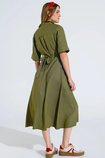 Green Maxi Shirt Dress With Polo Collar - Dresses
