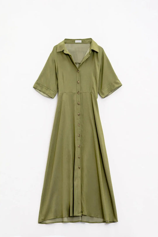 Green Maxi Shirt Dress With Polo Collar - Dresses