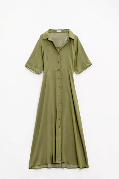 Green Maxi Shirt Dress With Polo Collar - Dresses