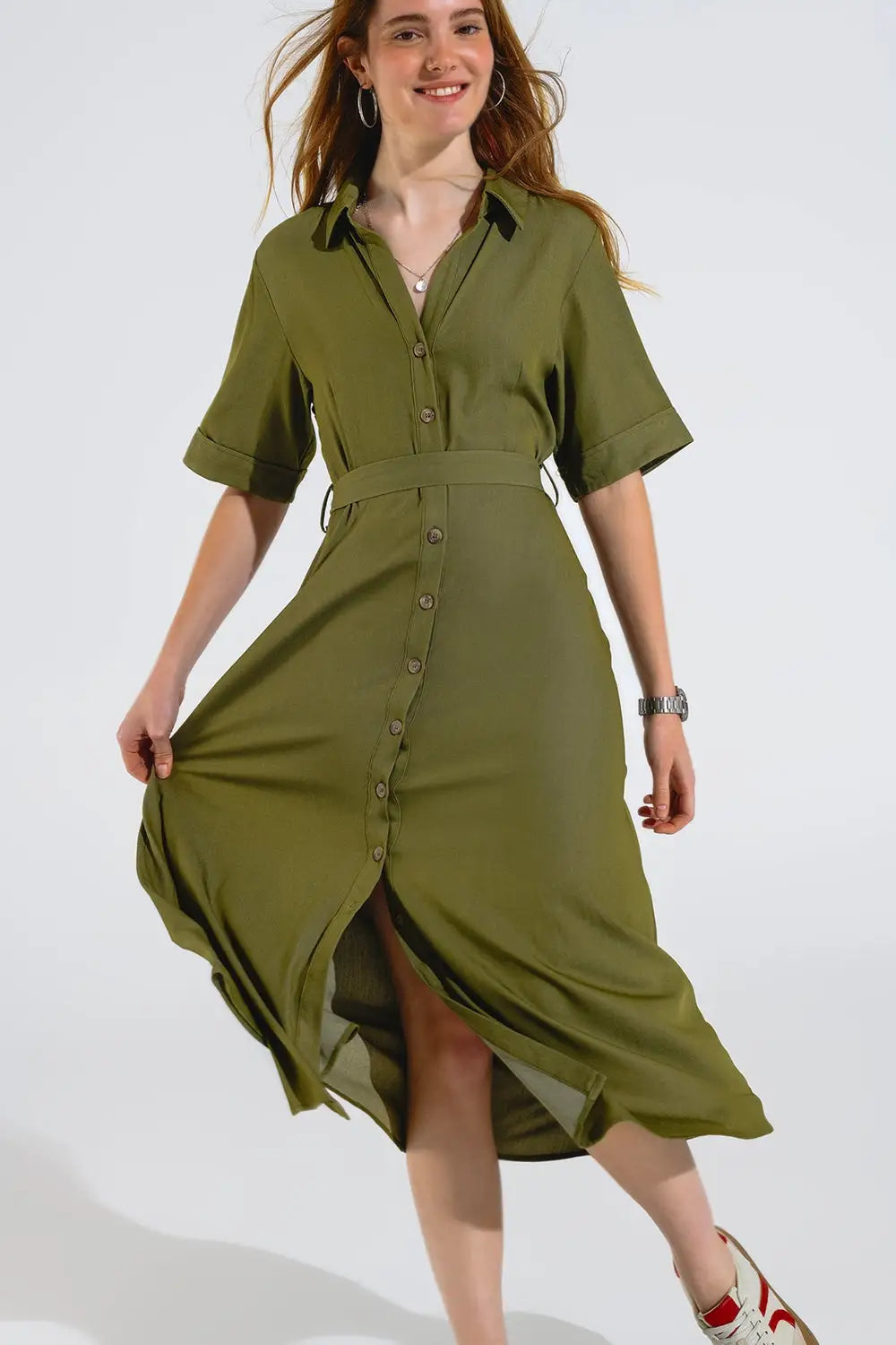 Green Maxi Shirt Dress With Polo Collar - Dresses