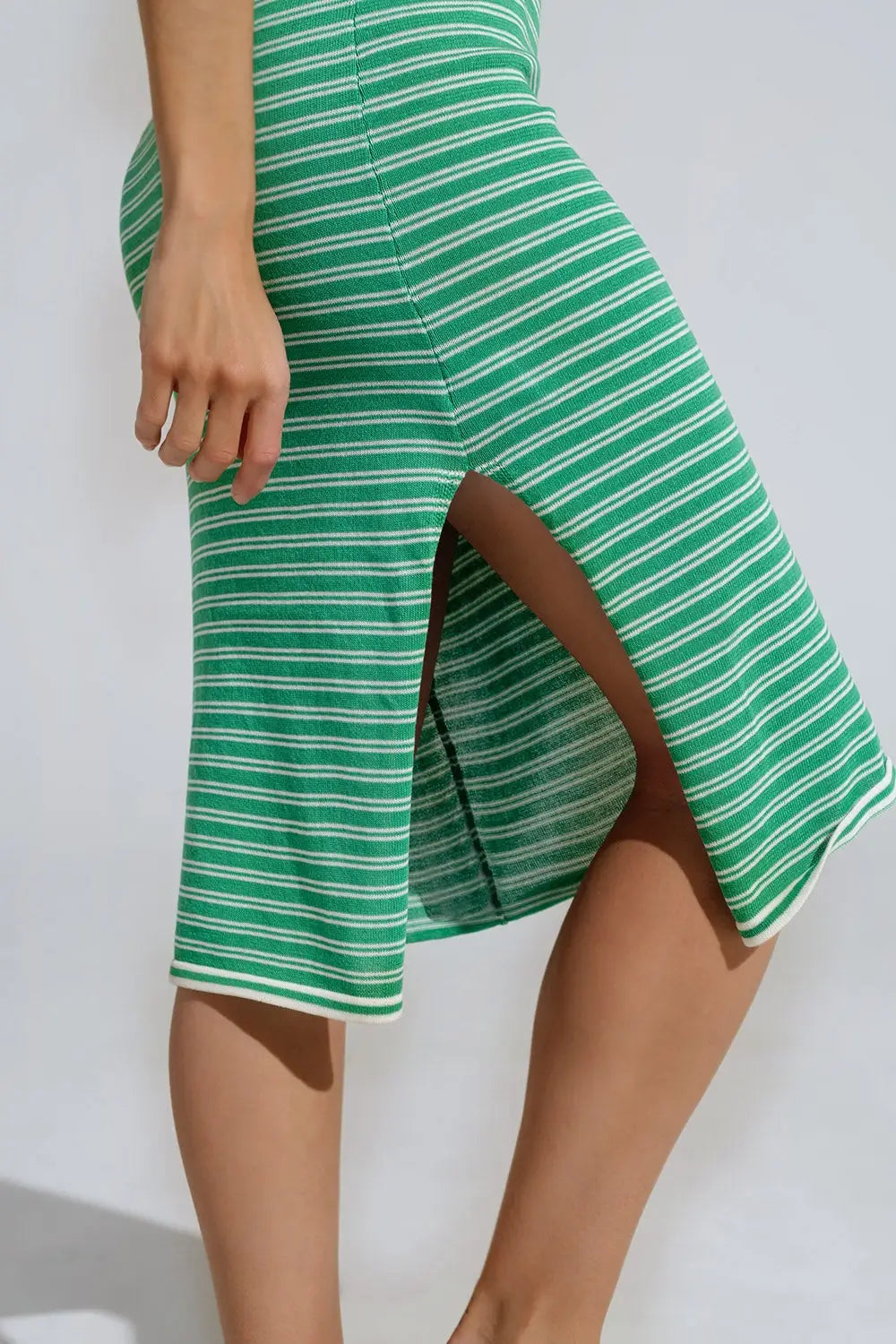 Green Midi Dress With Stripes And Spaghetti Straps - Dresses
