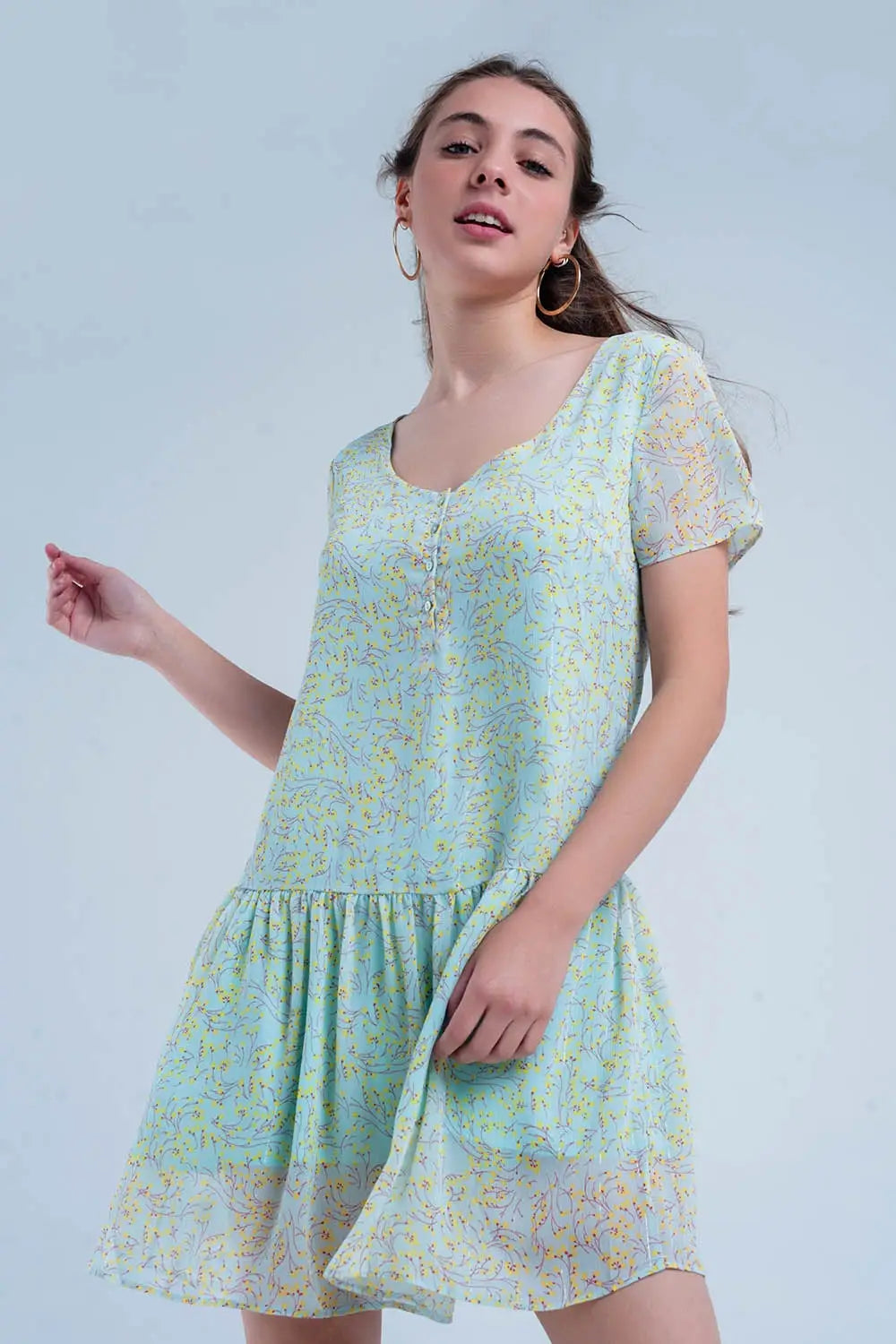 Green mini dress with flower print - Dresses