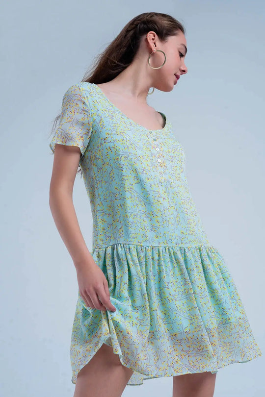 Green mini dress with flower print - Dresses
