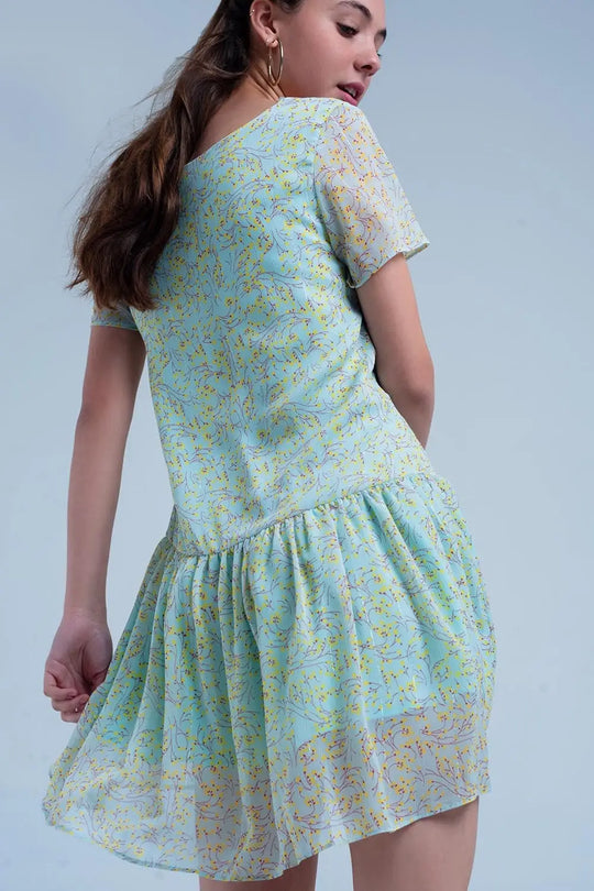 Green mini dress with flower print - Dresses