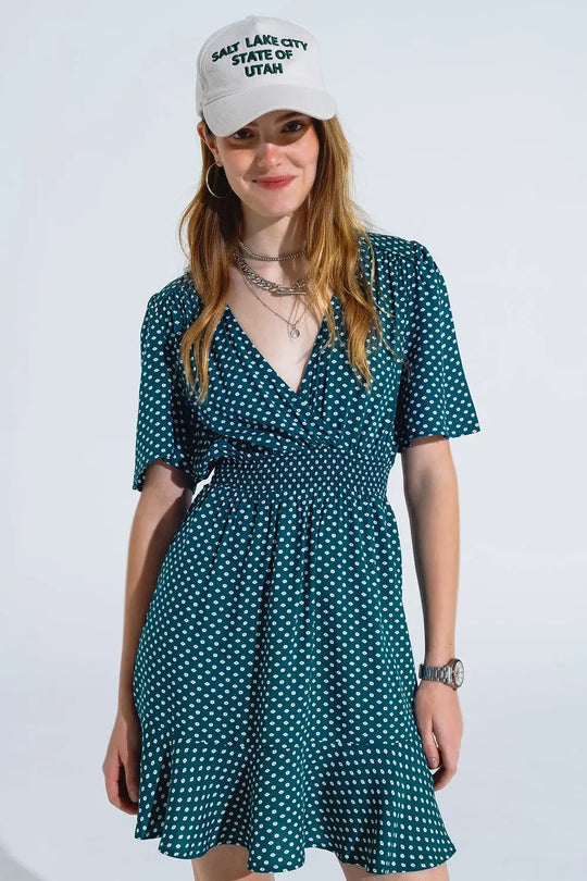 Green Mini Dress With Wrap Front Cinched Waist And Floral Print - Dresses