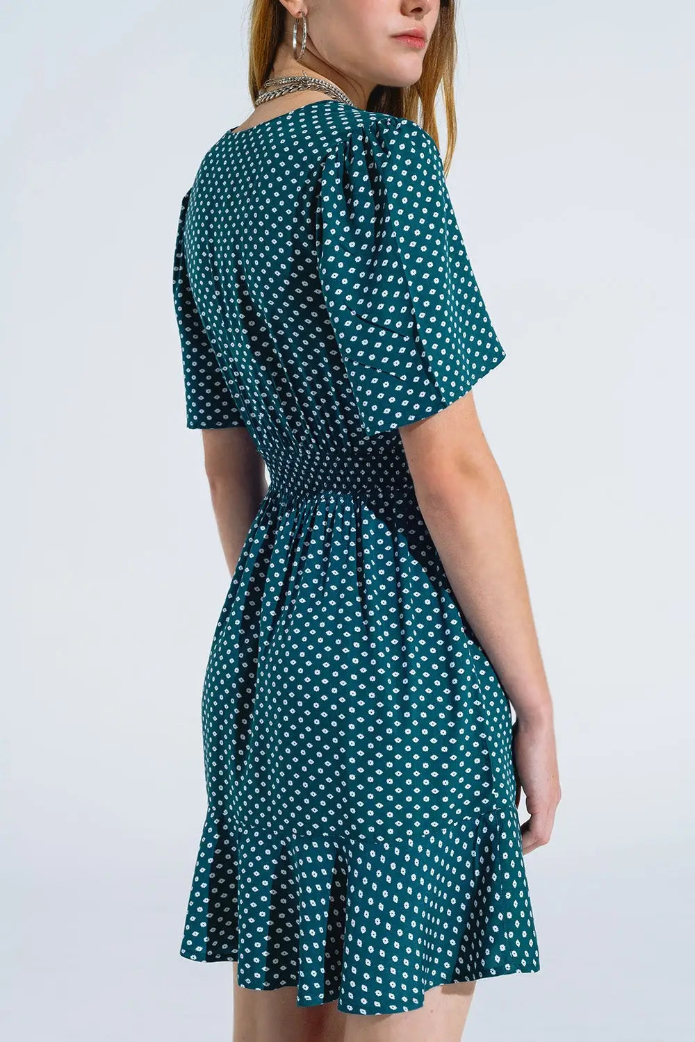 Green Mini Dress With Wrap Front Cinched Waist And Floral Print - Dresses