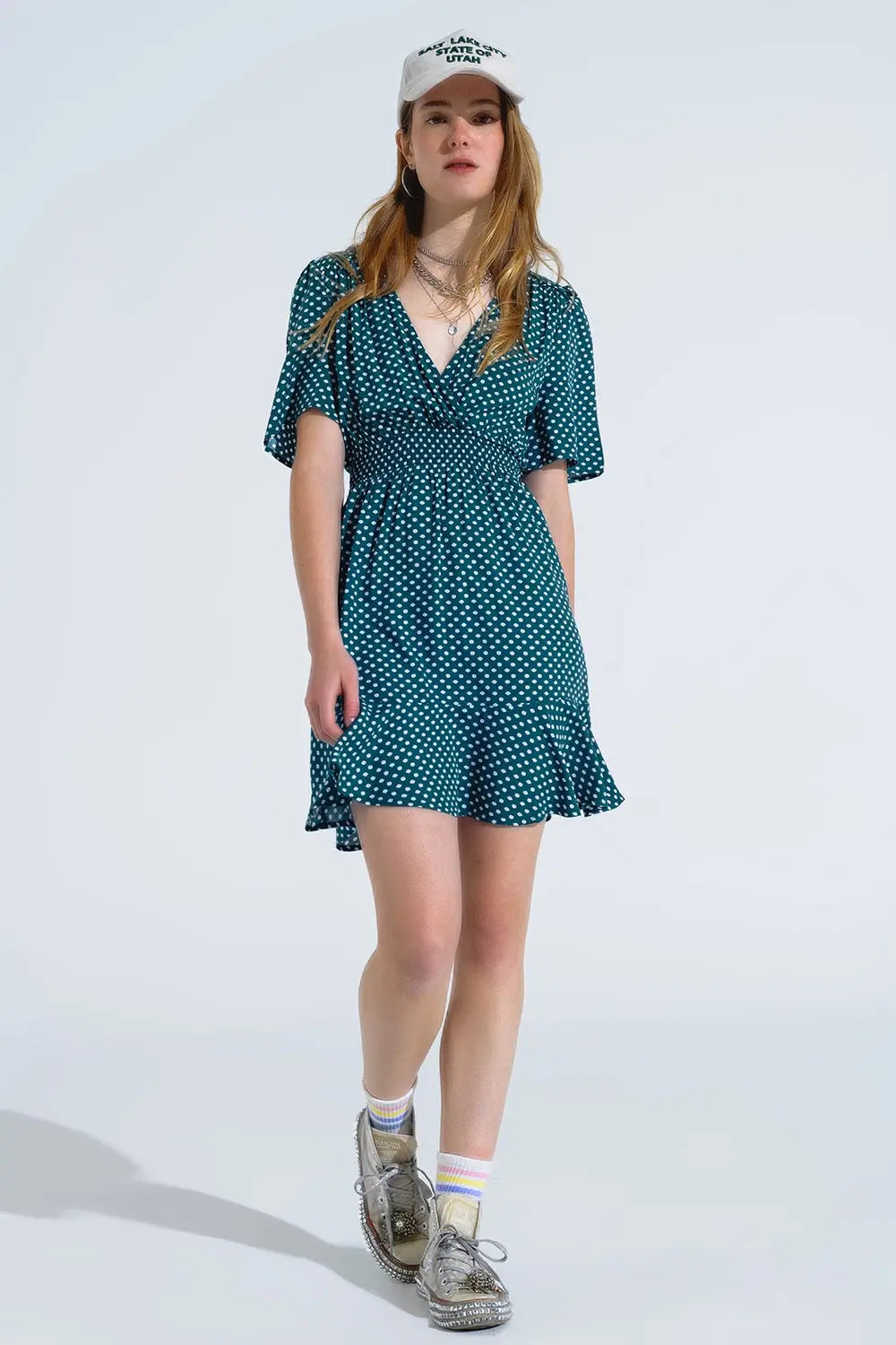 Green Mini Dress With Wrap Front Cinched Waist And Floral Print - Dresses