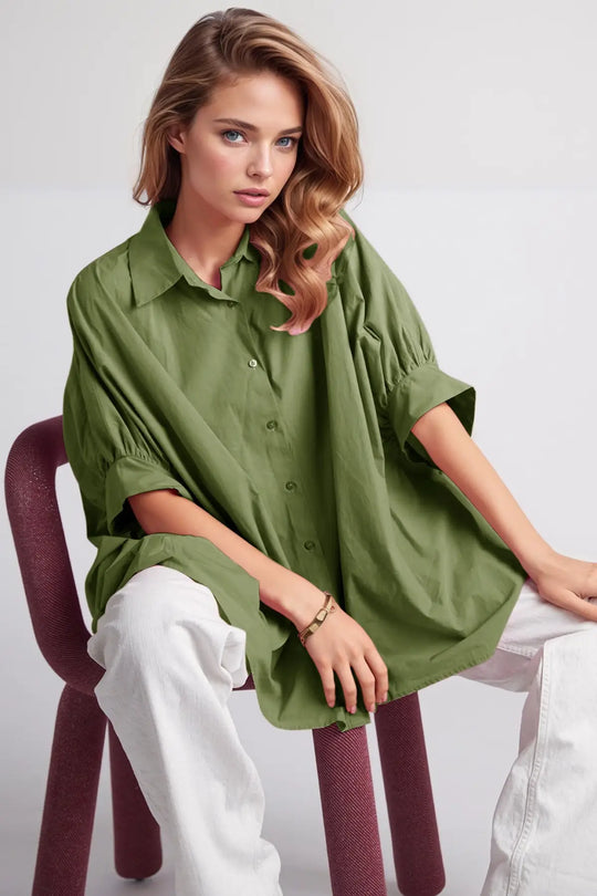 Green oversized blouse with short sleeve - Shirts