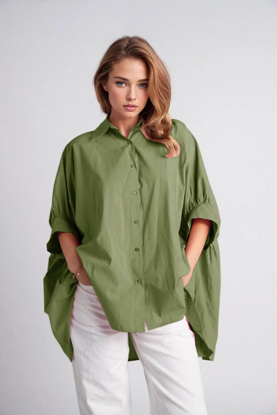 Green oversized blouse with short sleeve - Shirts