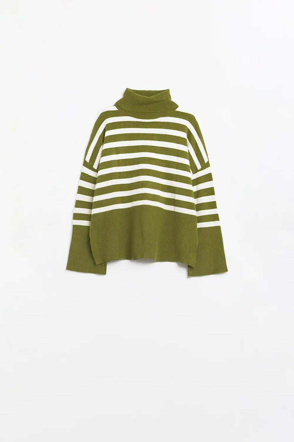 Green oversized trutleneck sweater with white stripes and splits on the side - One Size / Green - Sweaters