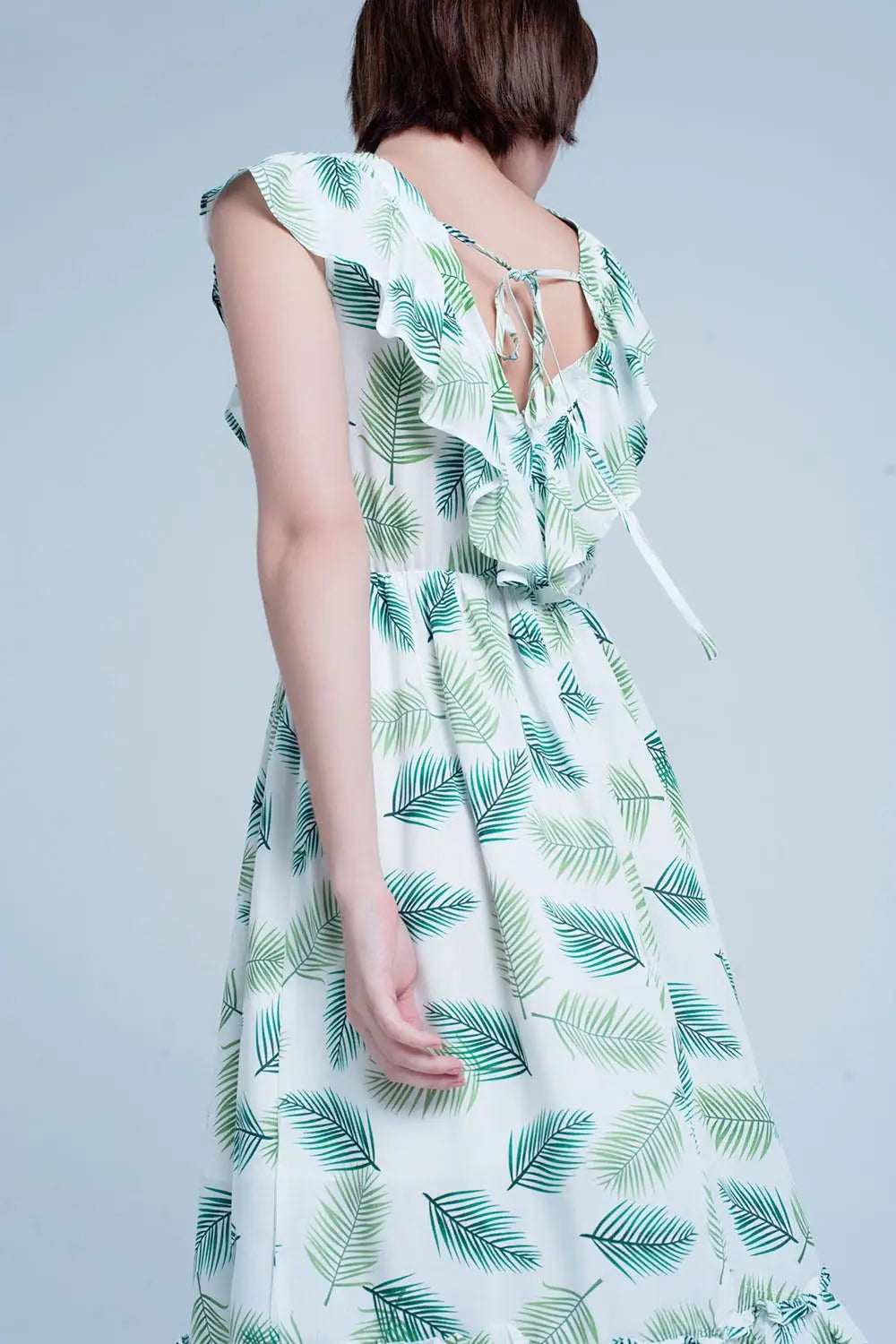 Green Printed Midi Dress with Ruches - Dresses