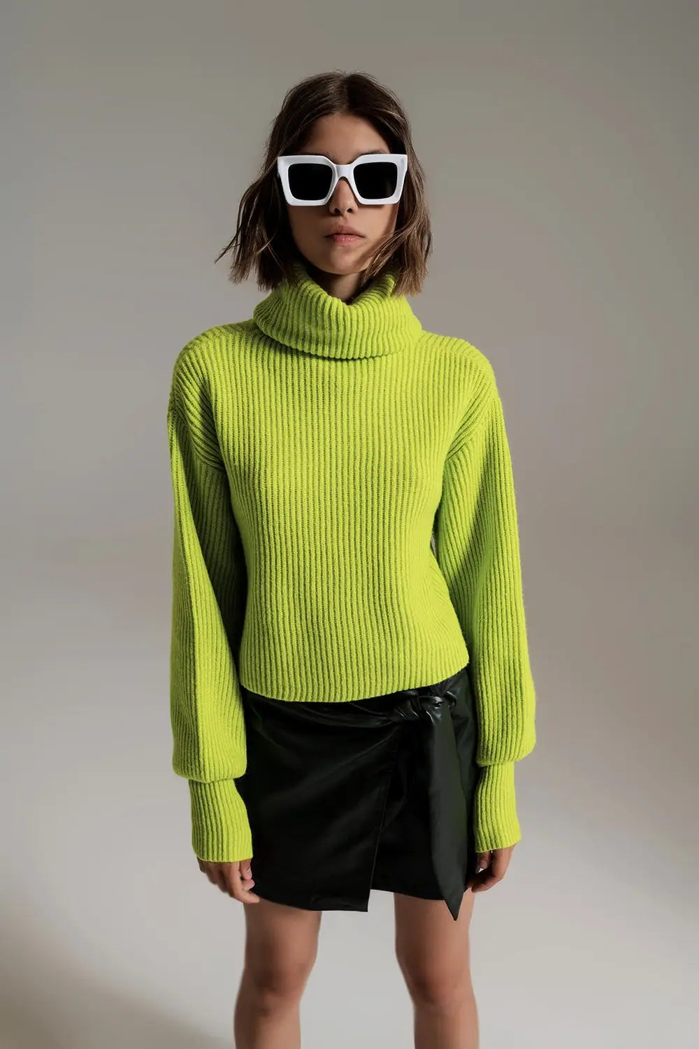 green ribbed knit turtleneck jumper with balloon sleeves - Sweaters