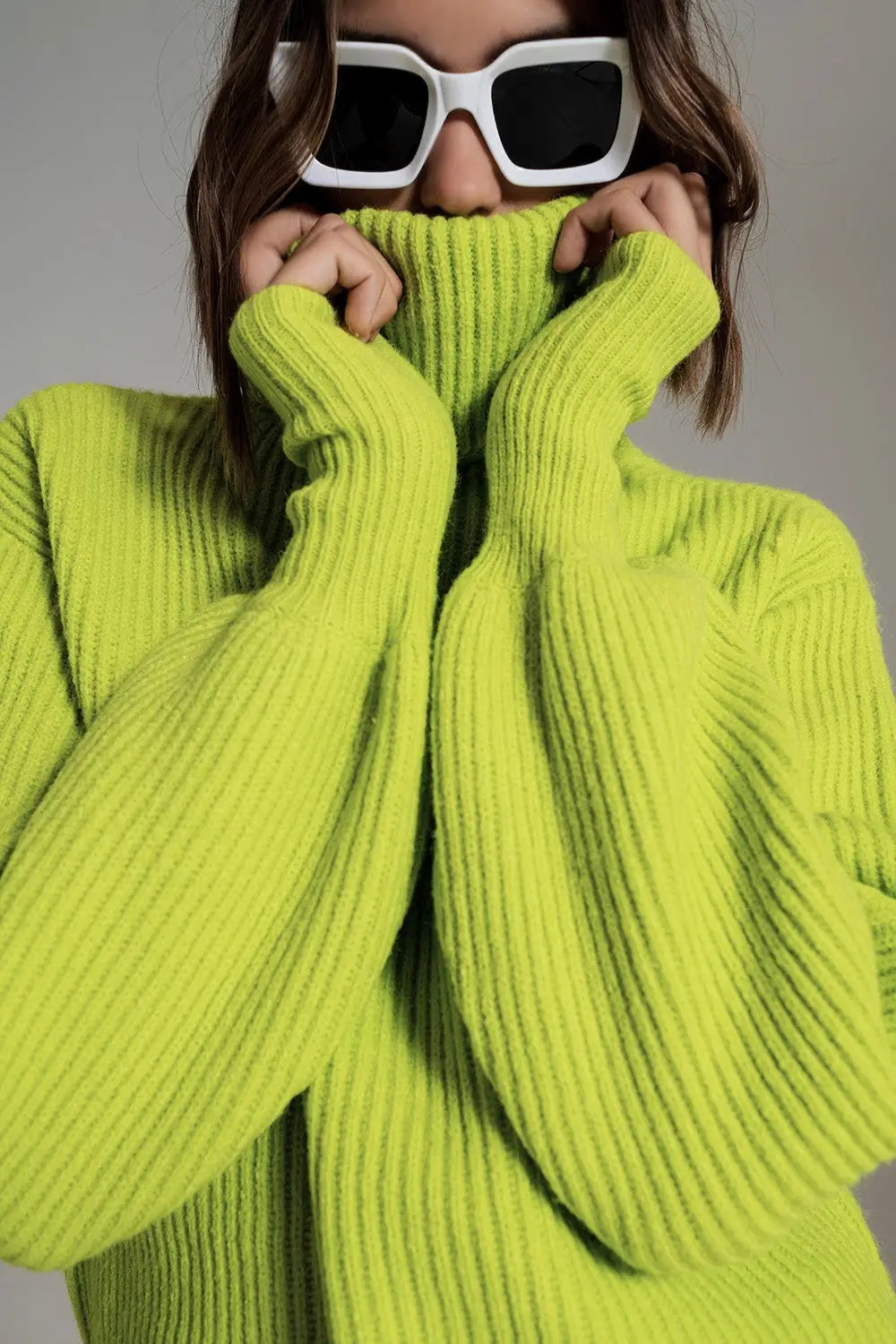 green ribbed knit turtleneck jumper with balloon sleeves - Sweaters