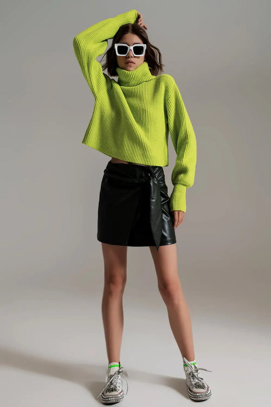 green ribbed knit turtleneck jumper with balloon sleeves - Sweaters
