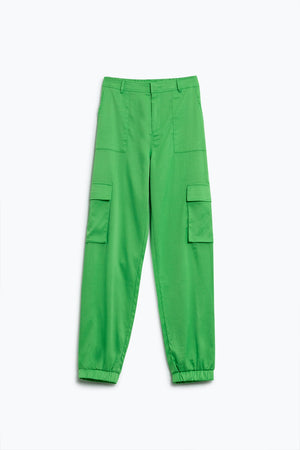 Q2 Green satin Pants With Side Pockets And Belt Hoops