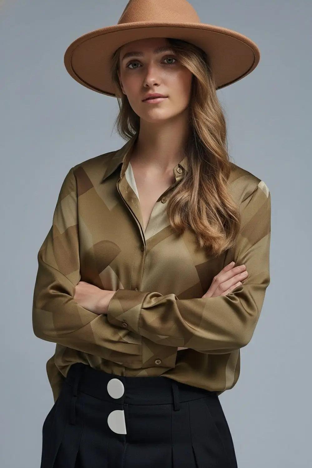 Green satin shirt with geometric print - Shirts