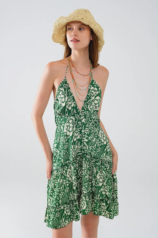 Green short boho style satin flower print dress - Dresses