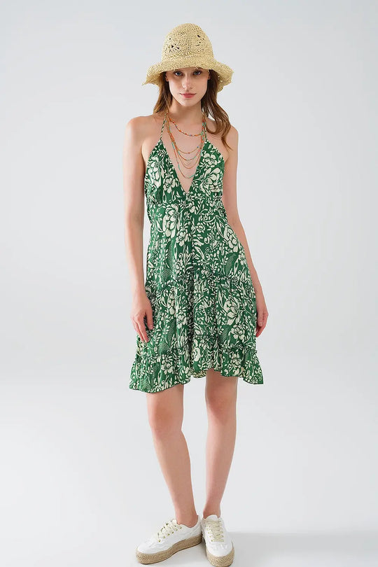 Green short boho style satin flower print dress - Dresses