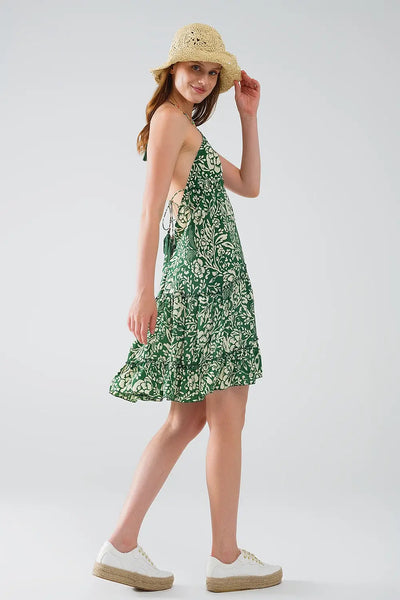 Green short boho style satin flower print dress - Dresses