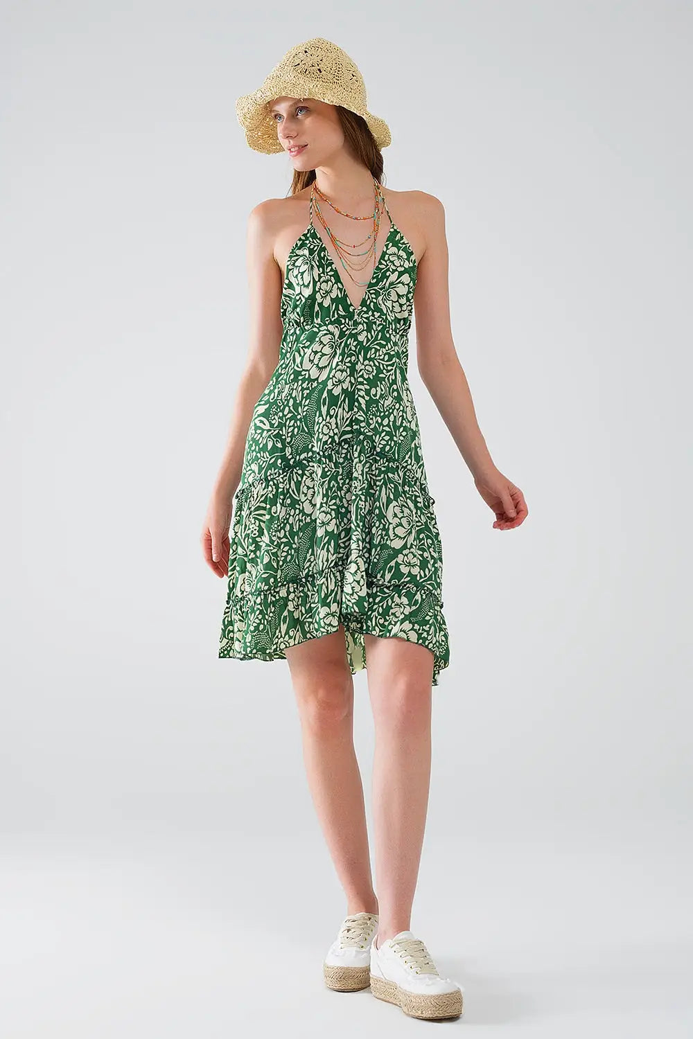 Green short boho style satin flower print dress - Dresses