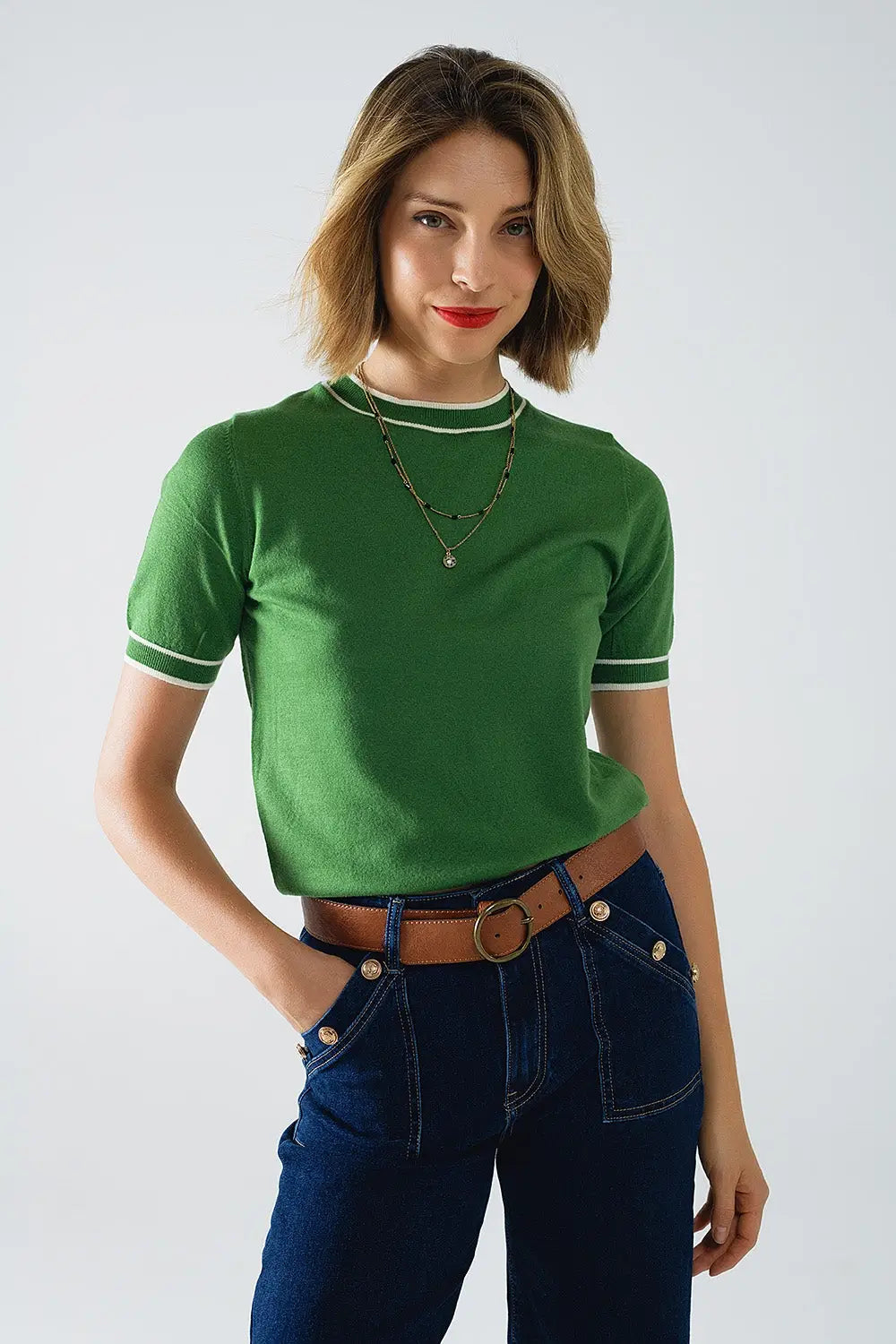 Green short sleeve sweater with white line detail - One Size / Green - Sweaters