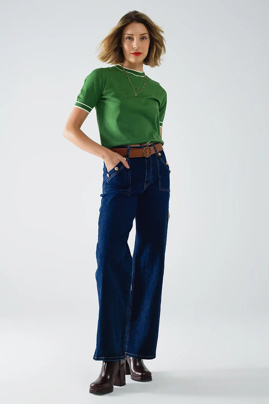 Green short sleeve sweater with white line detail - One Size / Green - Sweaters
