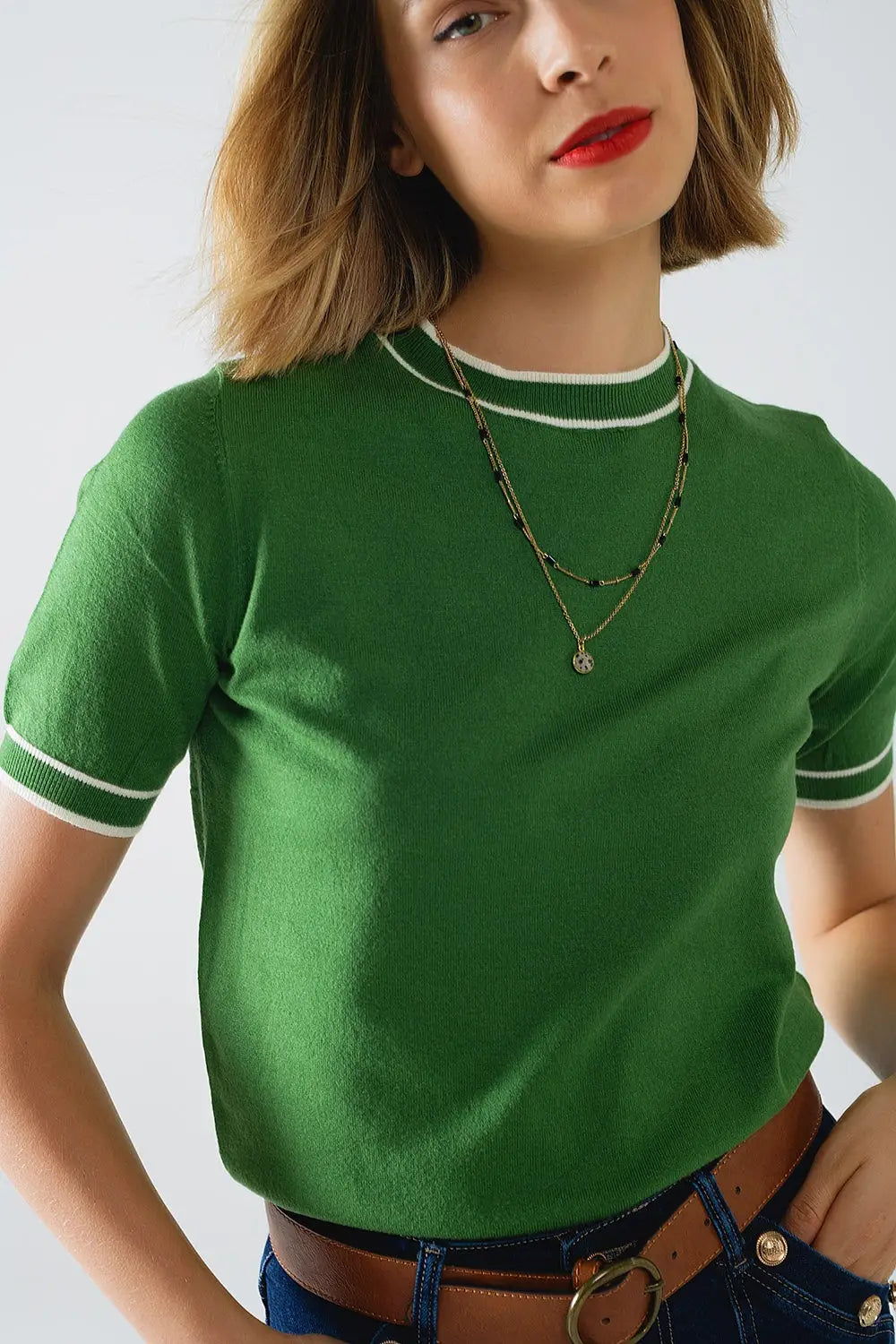 Green short sleeve sweater with white line detail - One Size / Green - Sweaters