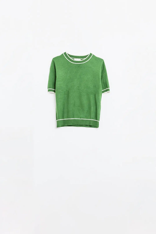 Green short sleeve sweater with white line detail - One Size / Green - Sweaters