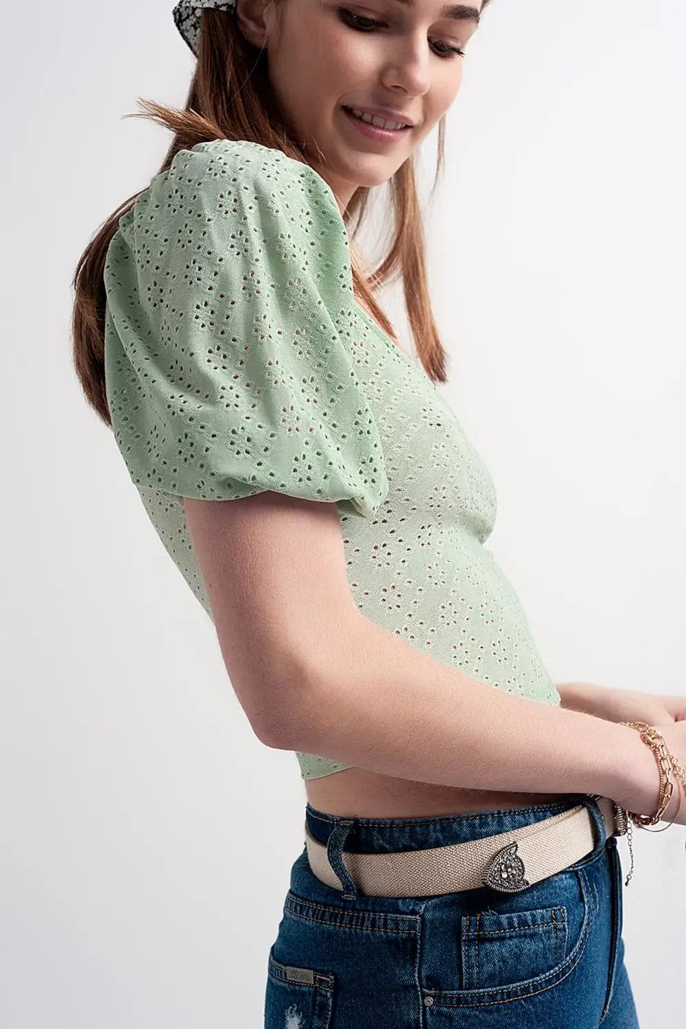 Green short top in batiste fabric with puffed sleeves - Shirts