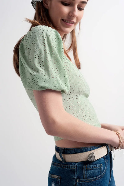 Green short top in batiste fabric with puffed sleeves - Shirts