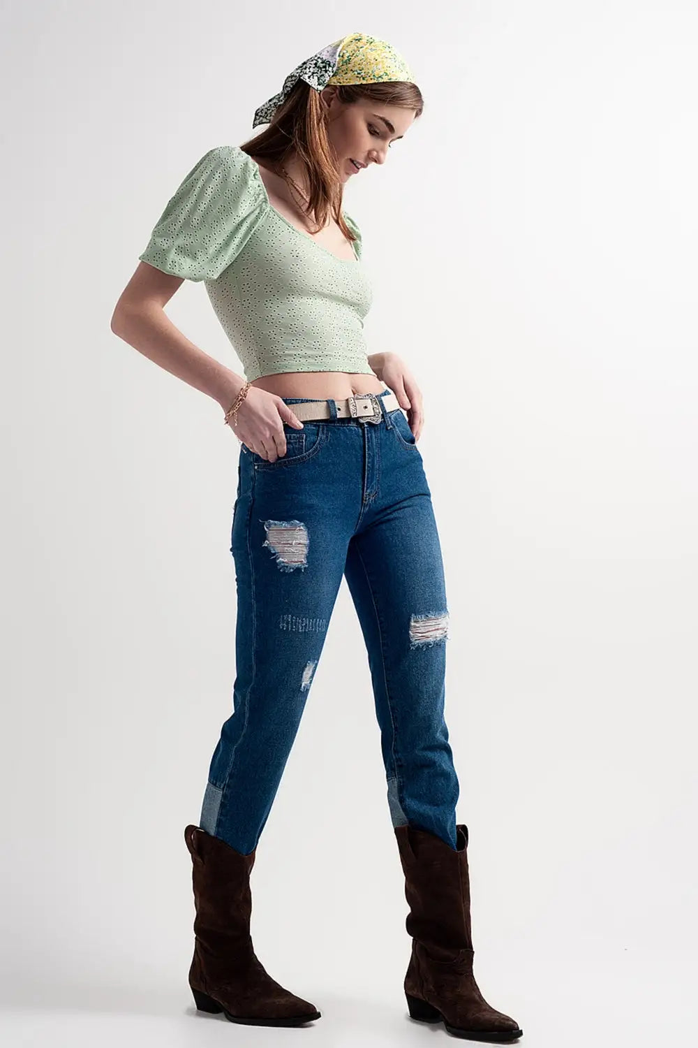 Green short top in batiste fabric with puffed sleeves - Shirts