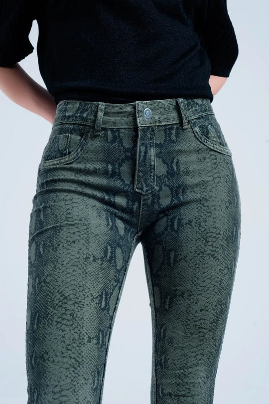 Green skinny reversible jeans with snake print - Jeans