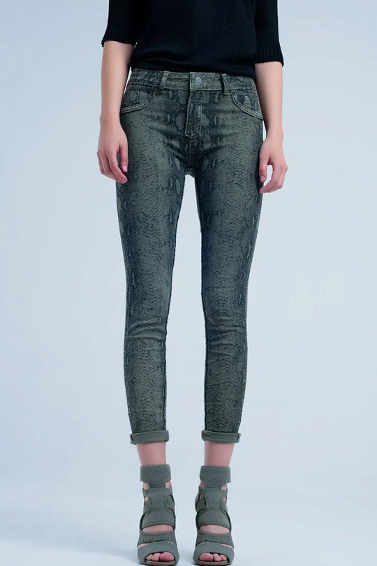 Green skinny reversible jeans with snake print - Jeans