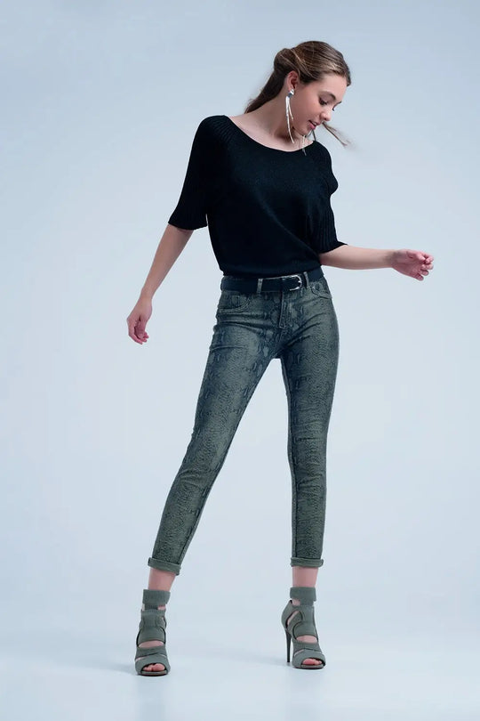 Green skinny reversible jeans with snake print - Jeans