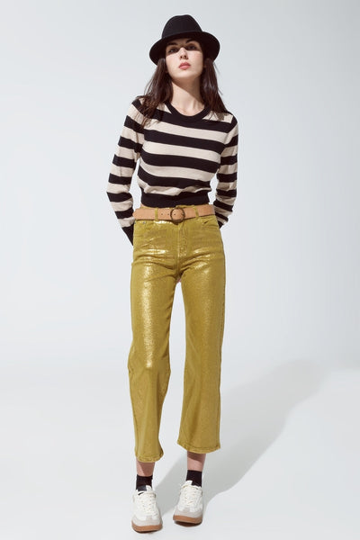 Green straight leg jeans with gold metallic glow