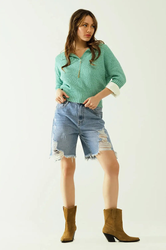 Green sweater with 3/4 sleeves and polo collar - Sweaters