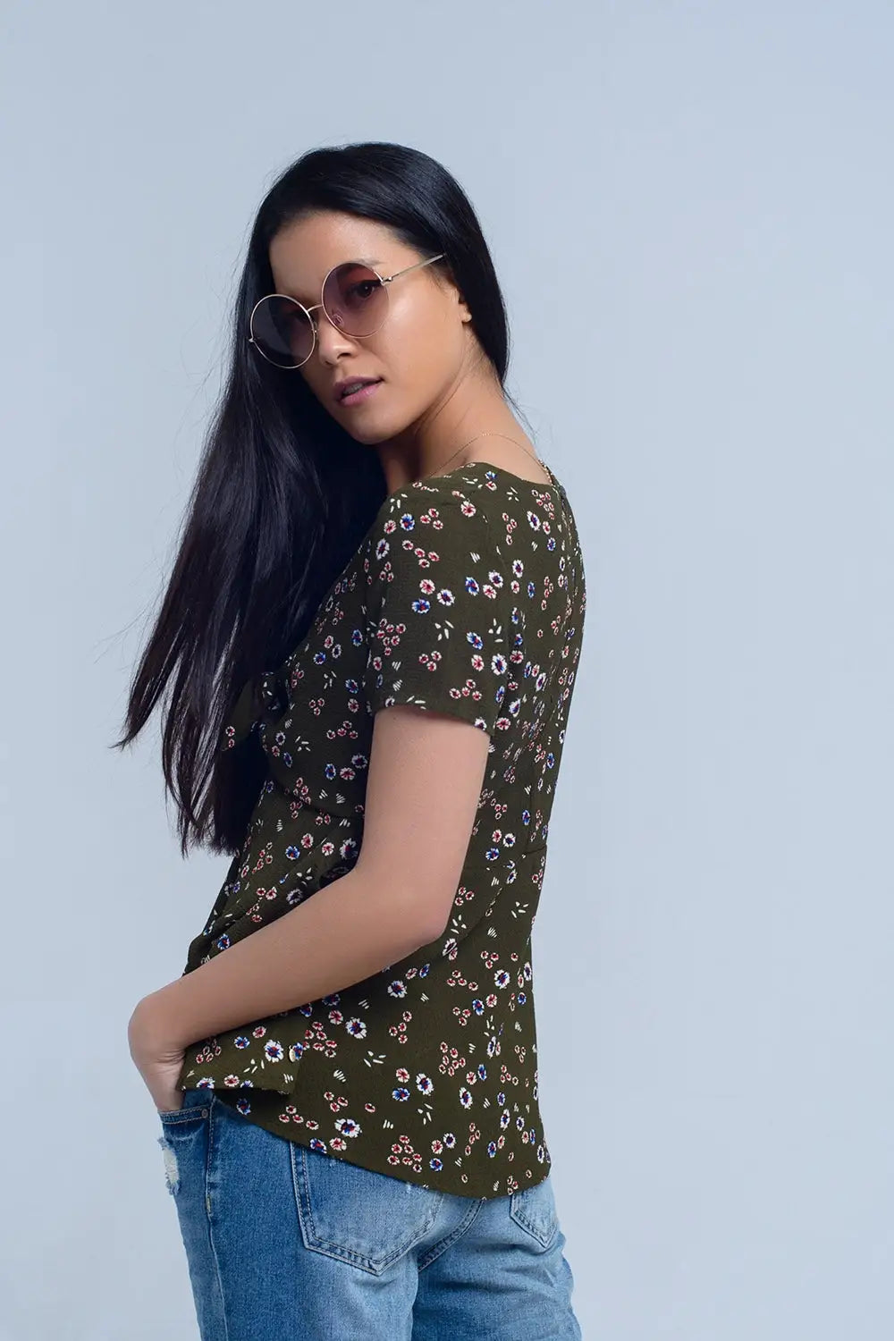 Green top with floral print - Shirts