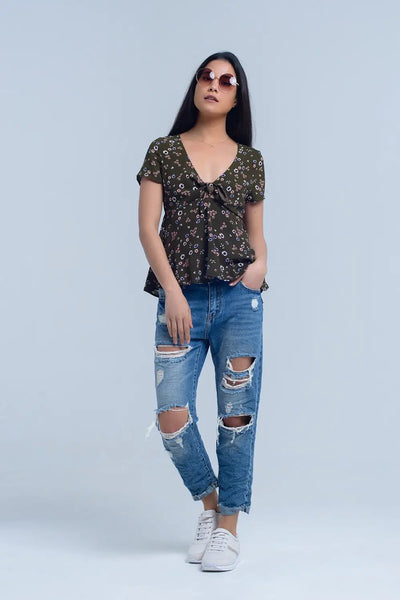 Green top with floral print - Shirts