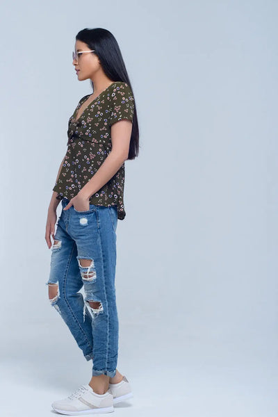 Green top with floral print - Shirts