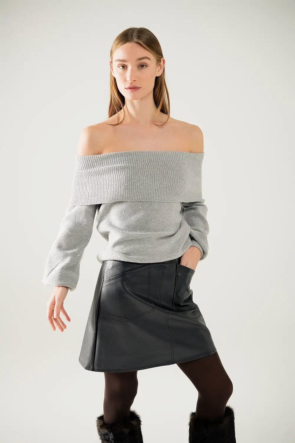 Q2 Grey boat neck sweater with sequins