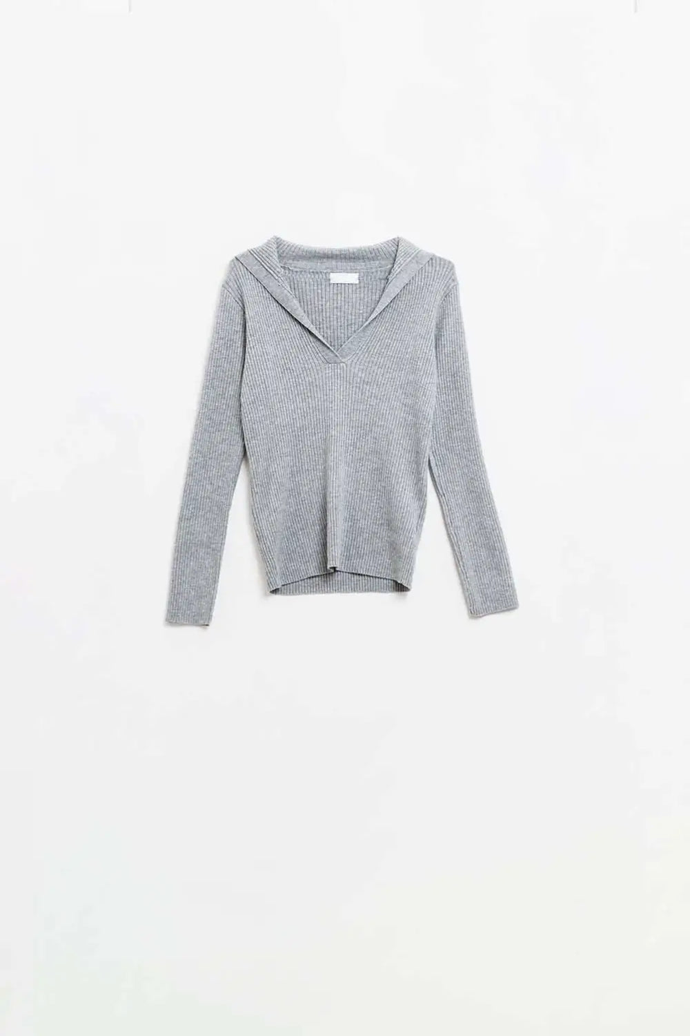 Grey Collared Rib Top With Long Sleeves - Sweaters