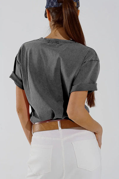 Grey Crew Neck T-shirt With Belleville text - One Size / Grey - Tops