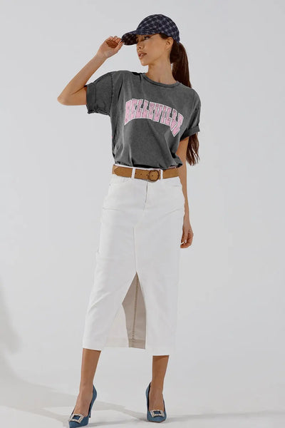 Grey Crew Neck T-shirt With Belleville text - One Size / Grey - Tops